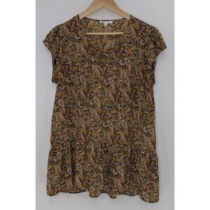 DR2 Women’s‎ Yellow Paisley Chiffon Ruffled Tunic Blouse Size L, Boho, Office